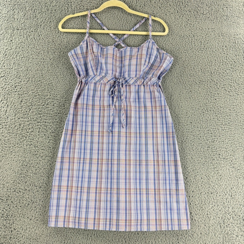 Vintage Tilt Plaid Mini Dress Women Medium Blue‎ Empire Waist Criss Cross Straps